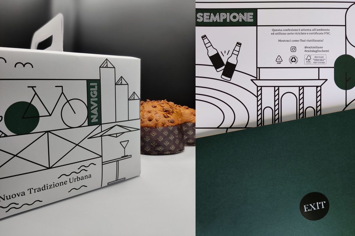 packaging con colomba milano, grafica parco sempione e carta utilizzata Fedrigoni Symbol Card Eco 100, gr 360